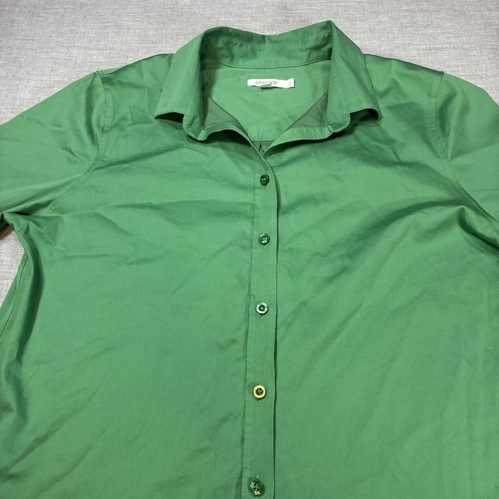 Chico's Women's Green Stretch Button Up Shirt Size 2 Large Long Sleeve Collared - Picture 2 of 11